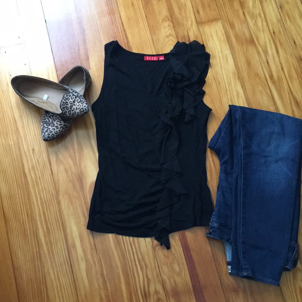 Elle black tank top with ruffled detail